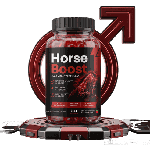 Bottle of Horse Boost strawberry male vitality gummies, 30 gummies per bottle
